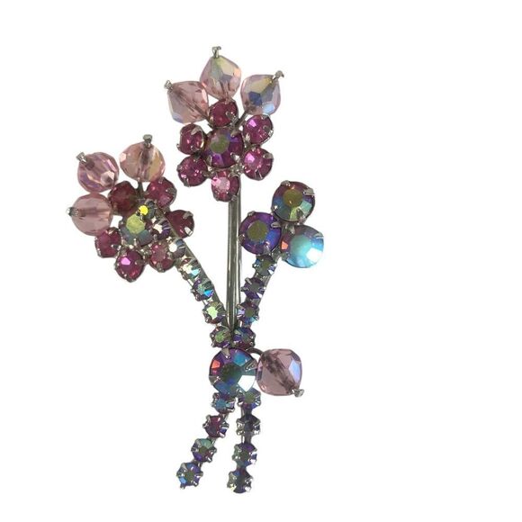 Elegant Pink Floral Brooch Austrian Crystals Aurora Borealis flower spray Vtg - Picture 4 of 6